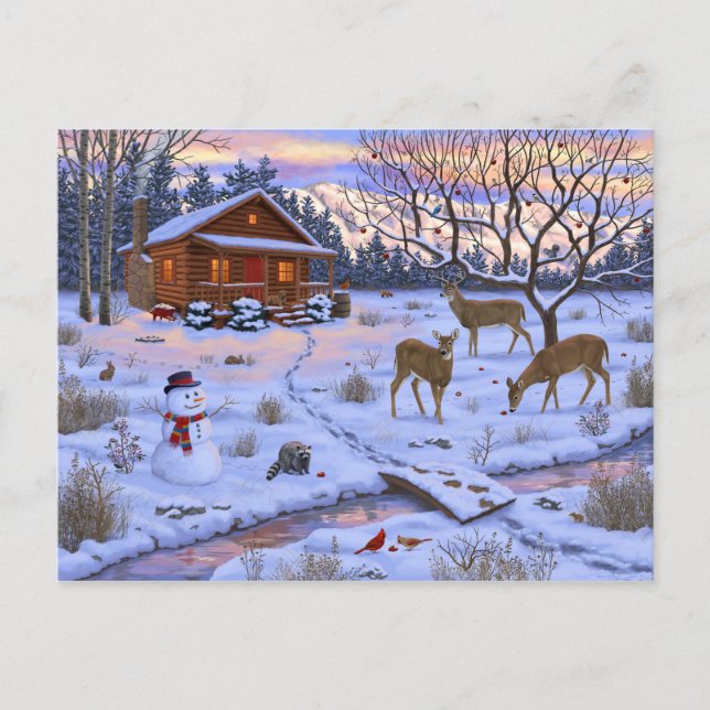 Winter Cabin Deer In Snow Christmas Scene Postcard (Front)