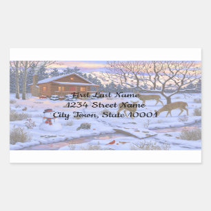 Winter Cabin Deer In Snow Christmas Scene Rectangular Sticker