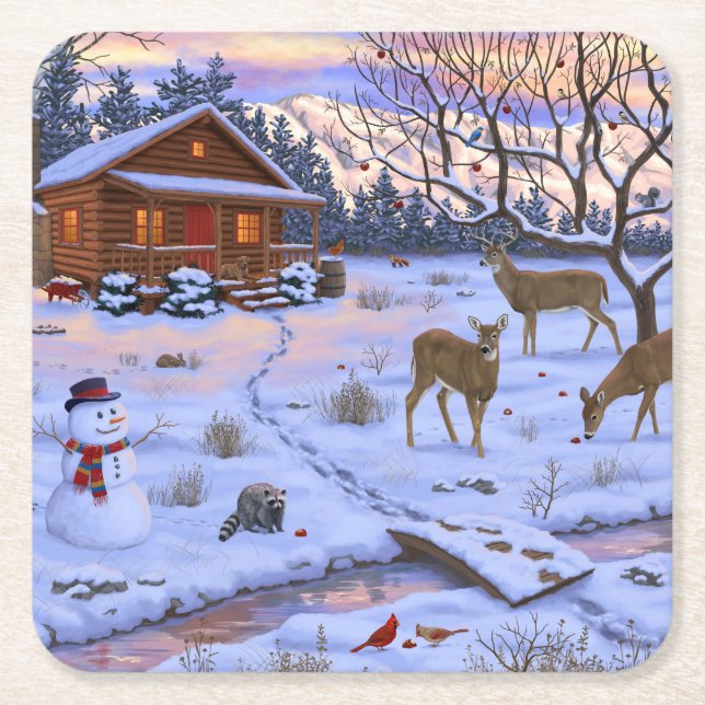 Winter Cabin Deer In Snow Christmas Scene Square Paper Coaster (Front)