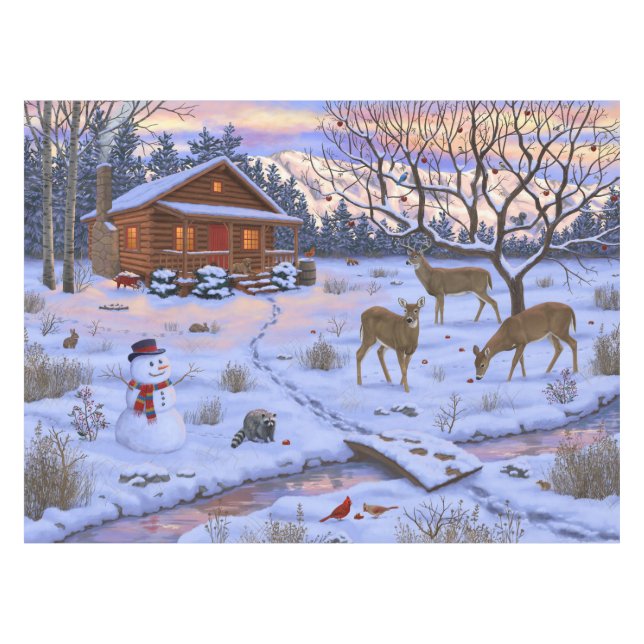 Winter Cabin Deer In Snow Christmas Scene Tablecloth (Front (Horizontal))
