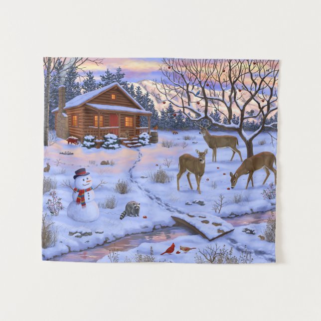 Winter Cabin Deer In Snow Christmas Scene Tapestry (Front (Horizontal))