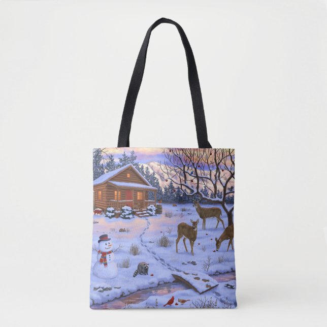 Winter Cabin Deer In Snow Christmas Scene Tote Bag (Front)