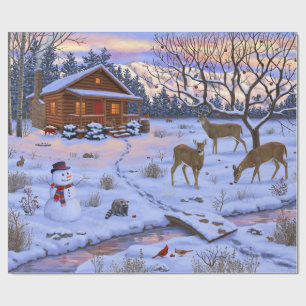 Winter Cabin Deer In Snow Christmas Scene Wrapping Paper