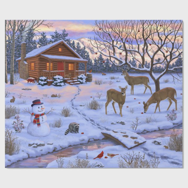 Winter Cabin Deer In Snow Christmas Scene Wrapping Paper (Flat)