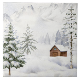 Winter Cabin in Snowy Forest Watercolor Tile