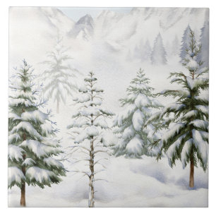 Winter Cabin in Snowy Forest Watercolor Tile