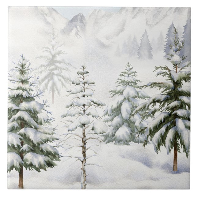 Winter Cabin in Snowy Forest Watercolor Tile (Front)