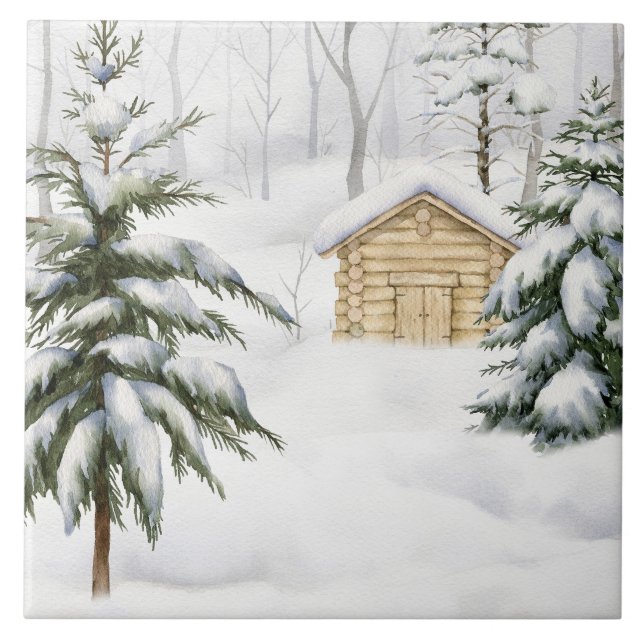 Winter Cabin in Snowy Forest Watercolor Tile (Front)