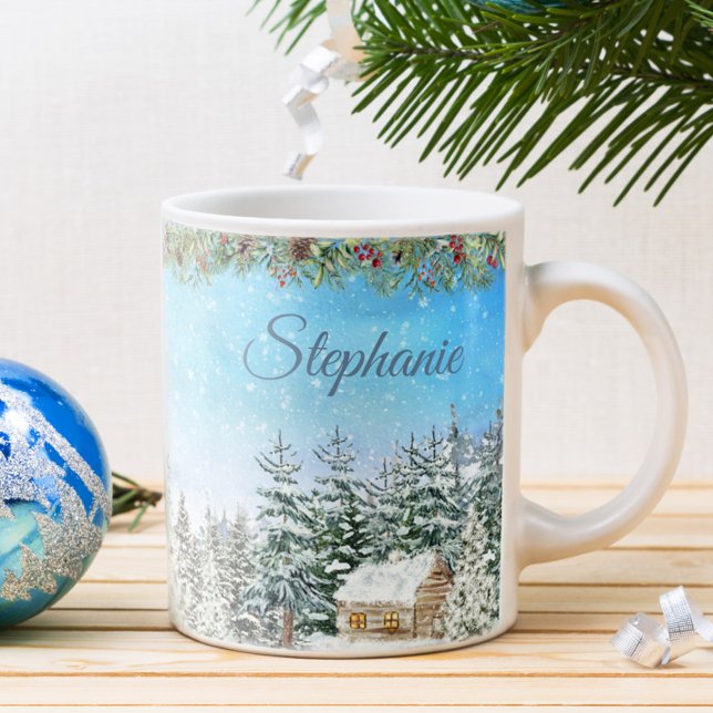 Winter Cabin In the Woods Personalised Christmas Coffee Mug (Creator Uploaded)