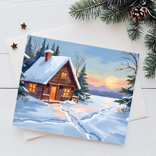 Winter Cabin Mountain Snow Watercolor Holiday Postcard