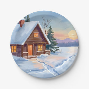 Winter Cabin Mountain Snow Watercolor Paper Plate