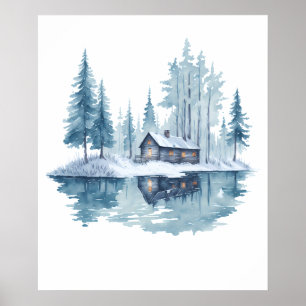Winter Cabin Retreat watercolor painting Poster