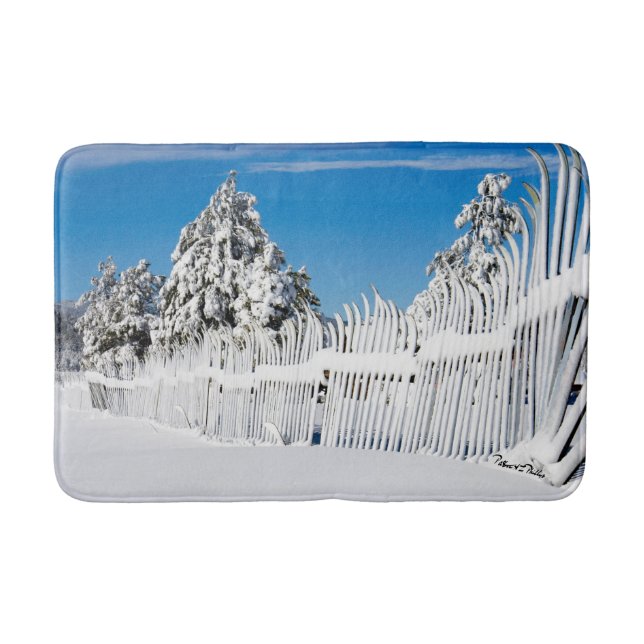 Winter Cabin Rusty Snowy Ski Fence Trees Photo Bath Mat (Front)
