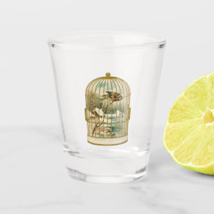 Winter Cabin Scene With Bird in Birdcage Shot Glass