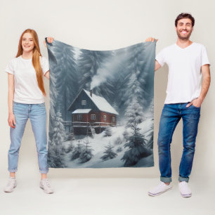 Winter Cabin Scene with Snow & Pine Trees Fleece Blanket