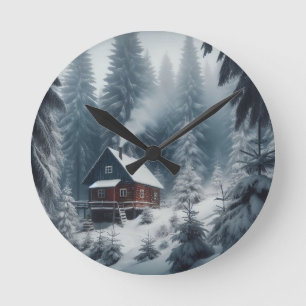 Winter Cabin Scene with Snow & Pine Trees Round Clock