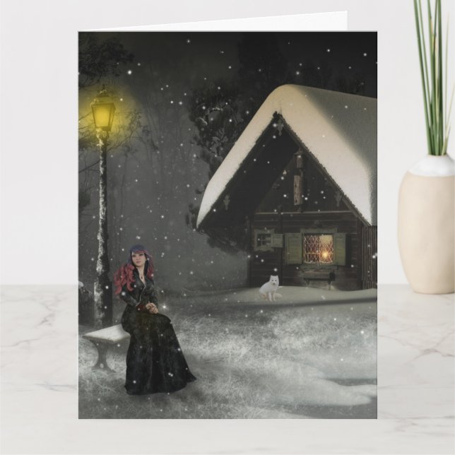 WINTER CABIN SNOW GIRL THINKING OF YOU CARDS (Front)