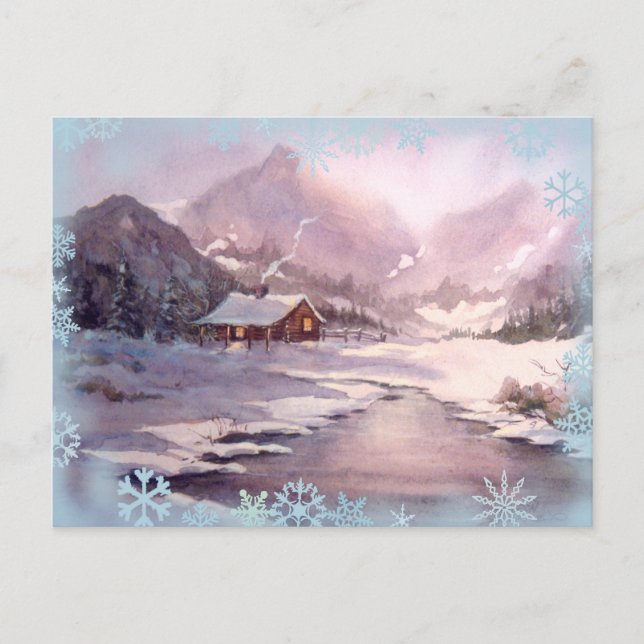 WINTER CABIN & SNOWFLAKES by SHARON SHARPE Postcard (Front)