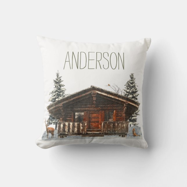 Winter Cabin with Name Cushion (Front)