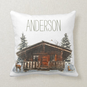Winter Cabin with Name Cushion