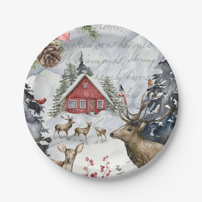 Winter Cabin Woodland Forest  Paper Plate (Front)