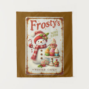 Winter Cafe Christmas snowman cool rustic art Tapestry