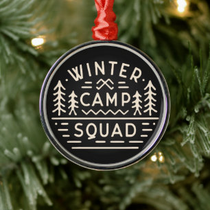 Winter camp camping trip mountains retro metal tree decoration
