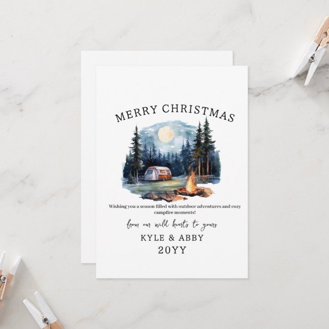 Winter Camping Bonfire Moonlight Christmas Forest Invitation (Front/Back In Situ)