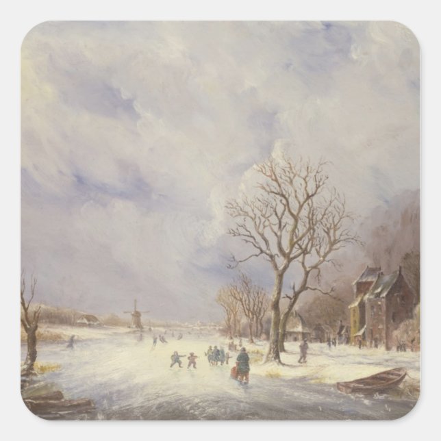 Winter Canal Scene, 19th century Square Sticker (Front)