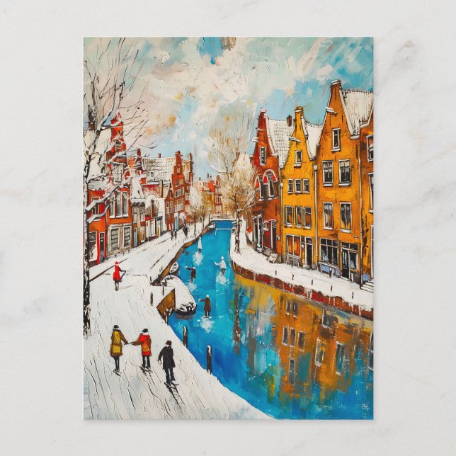 Winter Canal with Snowy Streets and Colorful House Postcard (Front)