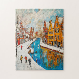 Winter Canal with Snowy Streets and Colourful Hous Jigsaw Puzzle