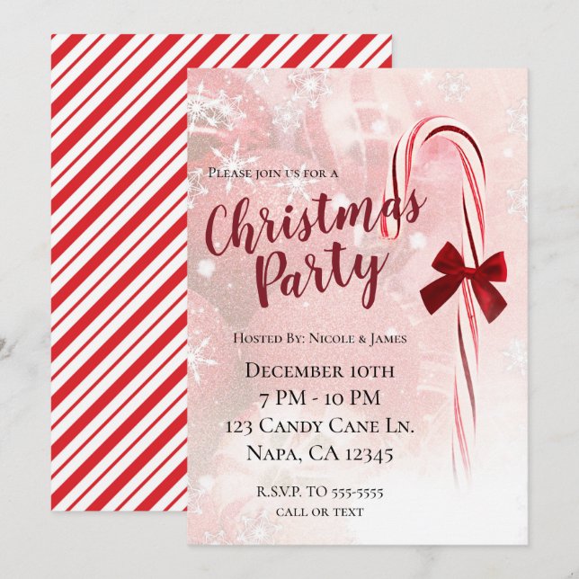 Winter Candy Cane Christmas Holiday Party Invitation (Front/Back)