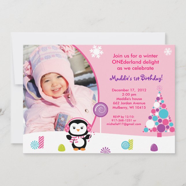Winter Candy Penguin Birthday Invitations (Front)