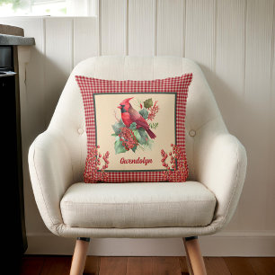 Winter Cardinal and Berries with Gingham Monogram Cushion