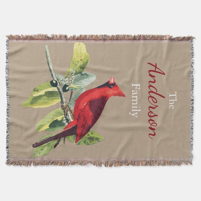 Winter Cardinal Custom Family Name Throw Blanket (Front)