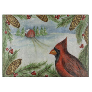 Winter Cardinal Glass Cutting Board