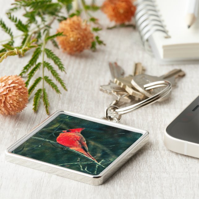 Winter Cardinal in Snowstorm - Enhanced Key Ring (Side)