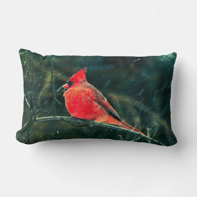 Winter Cardinal in Snowstorm - Enhanced Lumbar Cushion (Front)