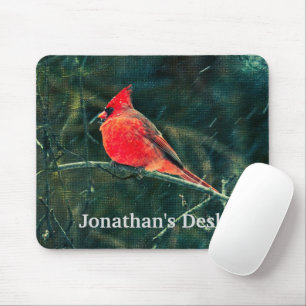 Winter Cardinal in Snowstorm - Enhanced Mouse Mat