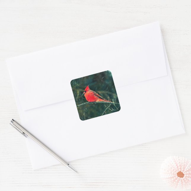Winter Cardinal in Snowstorm - Enhanced Square Sticker (Envelope)