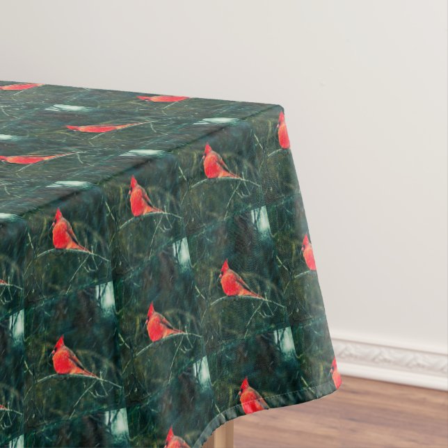 Winter Cardinal in Snowstorm - Enhanced Tablecloth (In Situ)