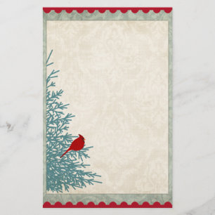 Winter cardinal in tree vintage damask red gold  stationery