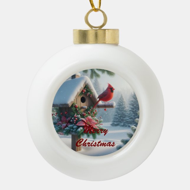 Winter Cardinal on a Festive Birdhouse Ceramic Ball Christmas Ornament (Front)