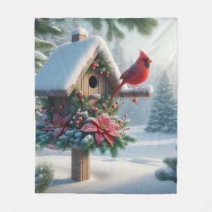 Winter Cardinal on a Festive Birdhouse Fleece Blanket