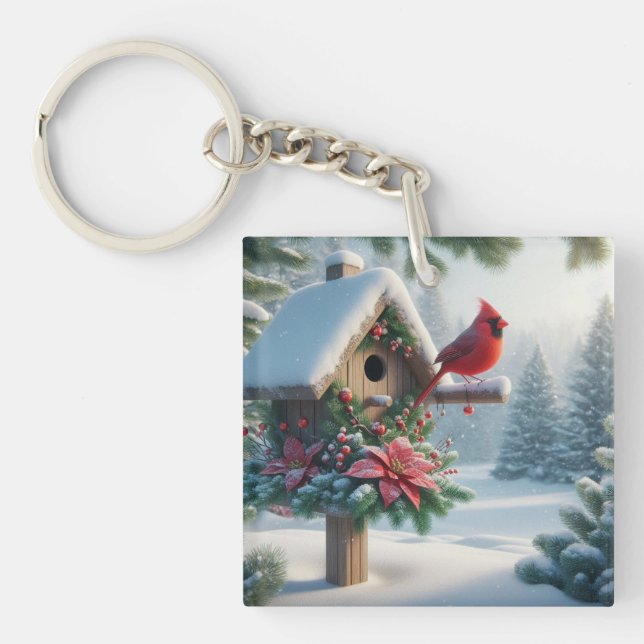 Winter Cardinal on a Festive Birdhouse Key Ring (Front)