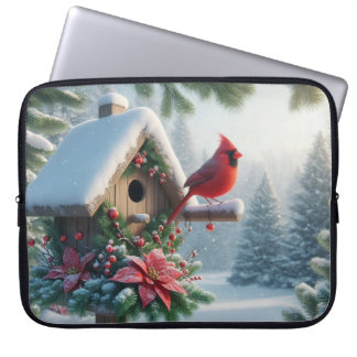 Winter Cardinal on a Festive Birdhouse Laptop Sleeve