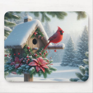 Winter Cardinal on a Festive Birdhouse Mouse Mat