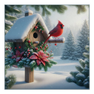 Winter Cardinal on a Festive Birdhouse Poster