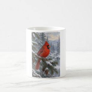 Winter Cardinal on Snowy Pine by a Woodland Stream Coffee Mug