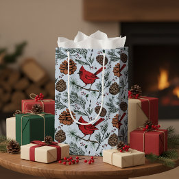 Winter Cardinal, Pine Cones, Red Berries Blue Small Gift Bag